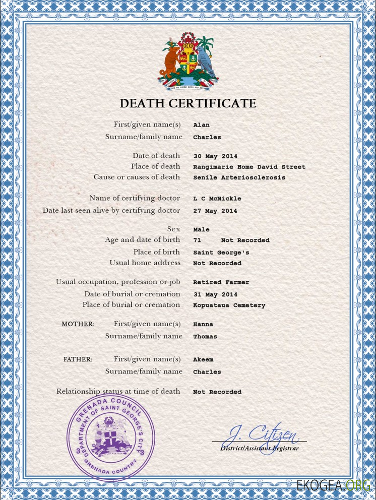 Modèle PSD de certificat de décès de Grenade